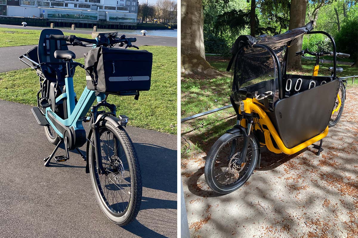 zweigeteiltes Bild: links Longtail Cargo-E-Bike auf einer Straße stehend, rechts Long John Cargo-E-Bike in einem Park
