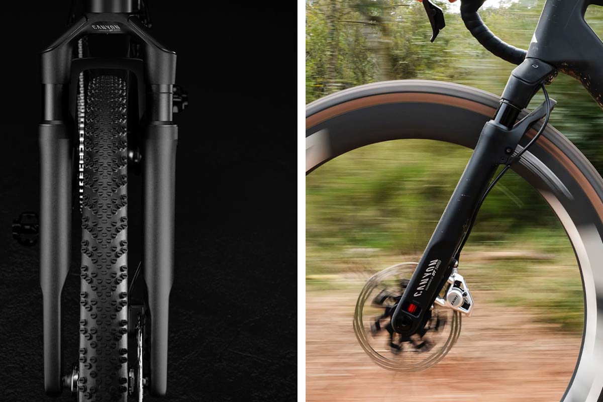 zweigeteiltes Bild: Links Detailaufnahme Vorderreifen eines FAhrrads mit Federgabel frontal auf schwarzem HIntergrund, rechts ausschnitt vorderrad Gravelbike von der SEite
