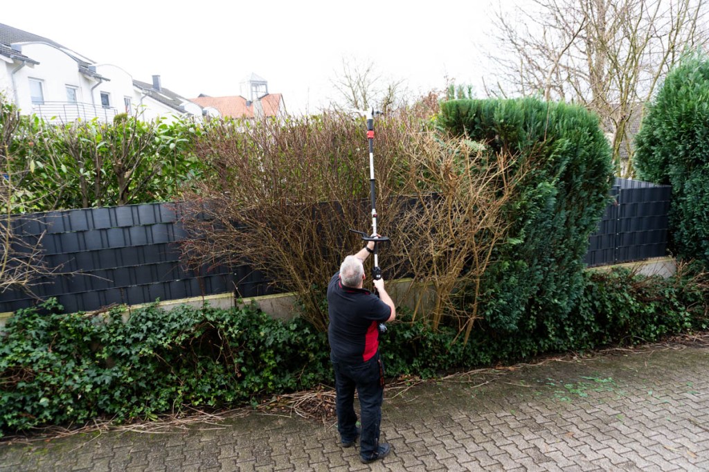 Eine Hochheckenschere im Einsatz