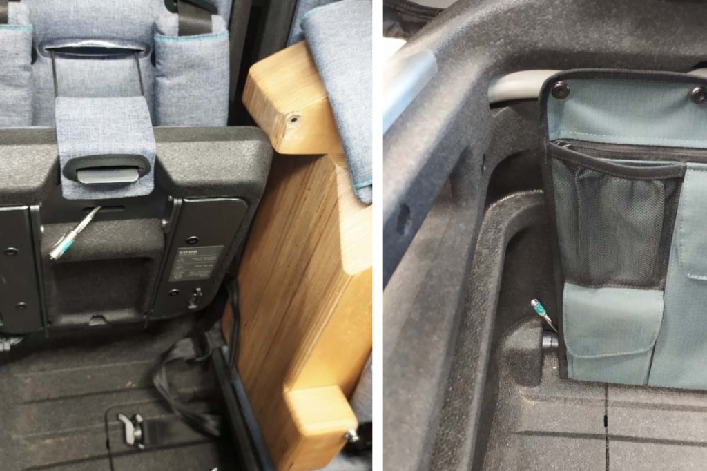 Zwiegeteiltes Bild: auf beiden sieht man die Innenkabine eines Cargo-E-bikes sowie einen Metallstift. Dieser soll die Finger eines Kindes simulieren, denn bei diesem Test werden Gefahrenstellen gesucht