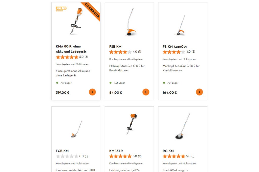 Screenshot des Stihl-Onlineshops mit KMR 80 R und Zubehör