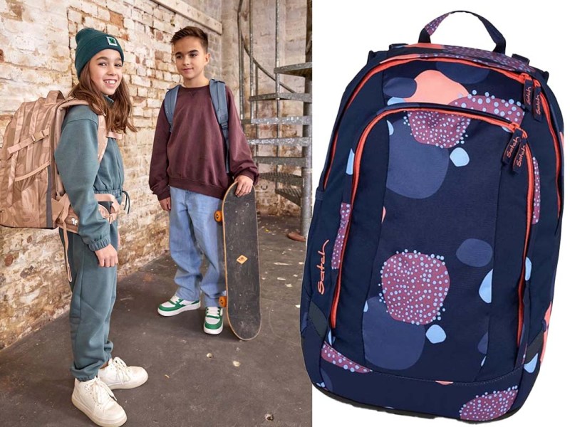 zweigeteiltes Bild: links zwei Teenies mit Schulrucksäcken, einer hat ein Skateboard in der Hand, stehen in einer Art Innenhof, dazu Productshot eines Ranzens