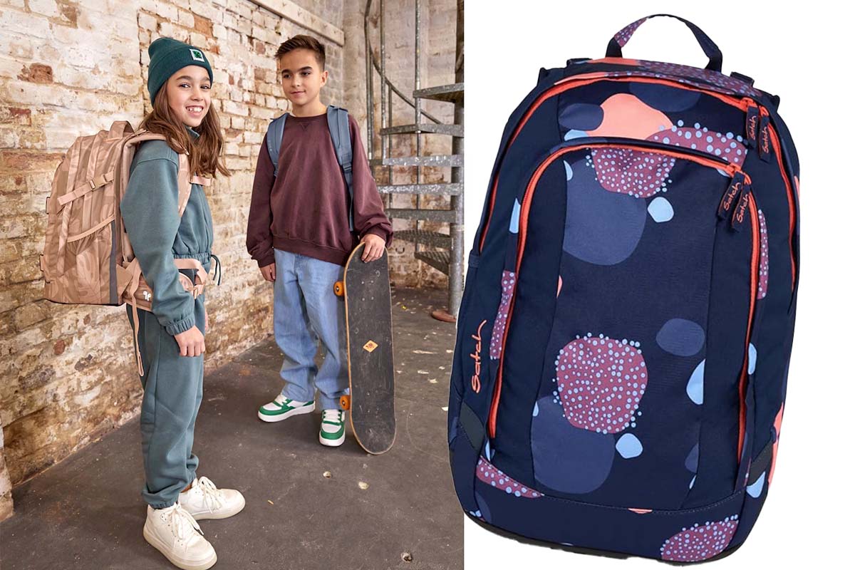 zweigeteiltes Bild: links zwei Teenies mit Schulrucksäcken, einer hat ein Skateboard in der Hand, stehen in einer Art Innenhof, dazu Productshot eines Ranzens