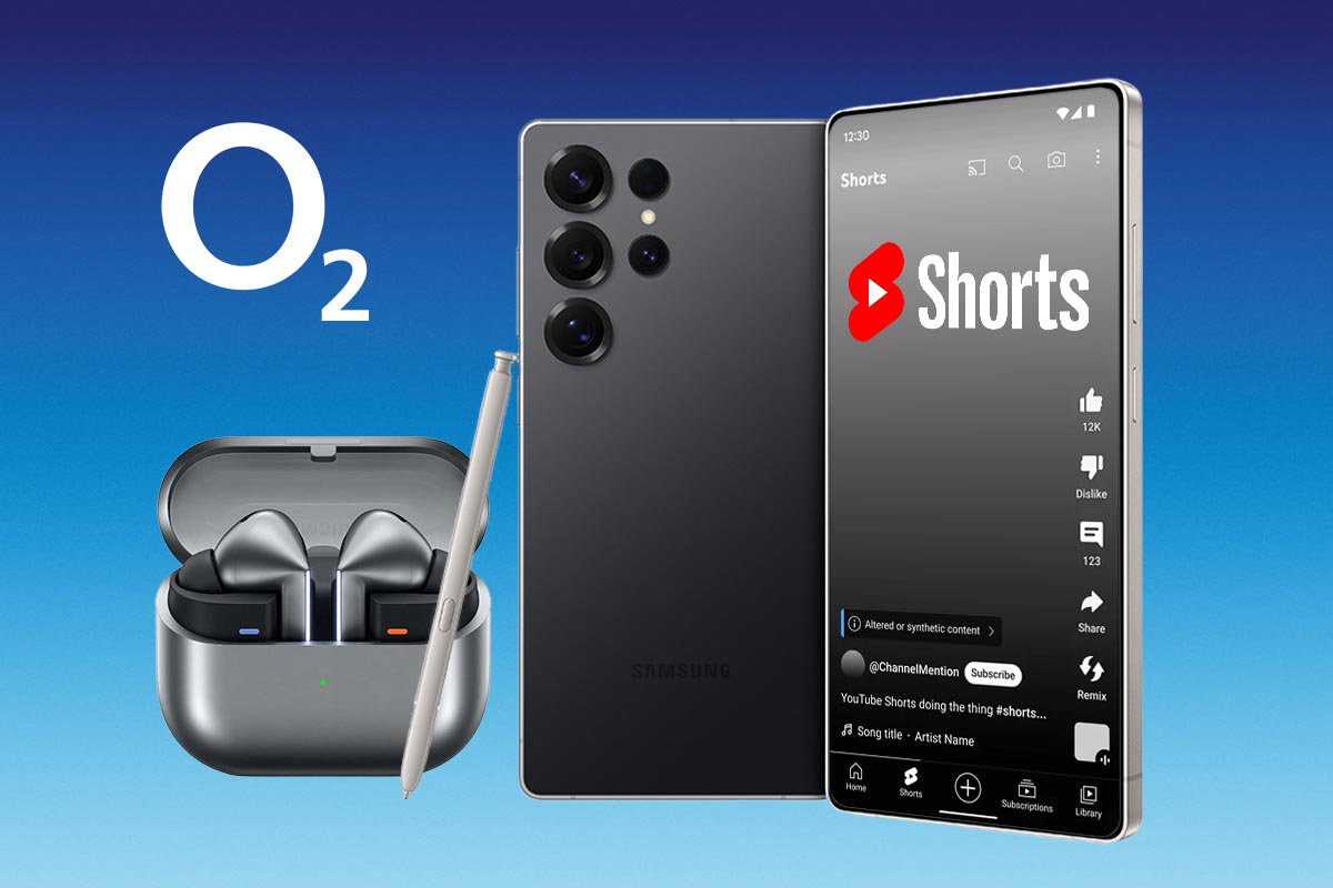Das Samsung Galaxy S25 Ultra und die Samsung Galaxy Buds 3 Pro vor blauem Hintergrund.