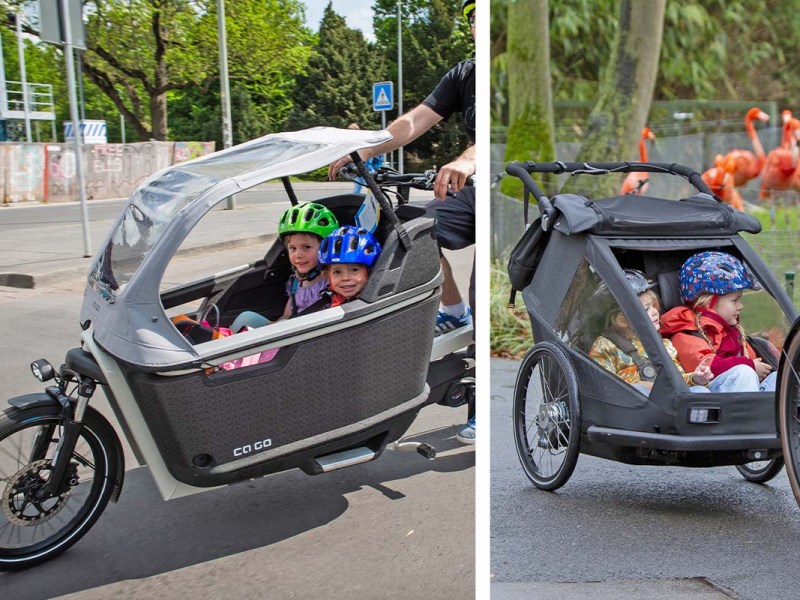 zweigeteiltes Bild: Links Cargo-E-Bike im Anschnitt, rechts ein Fahrradanhänger, in beidem sitzen Kinder