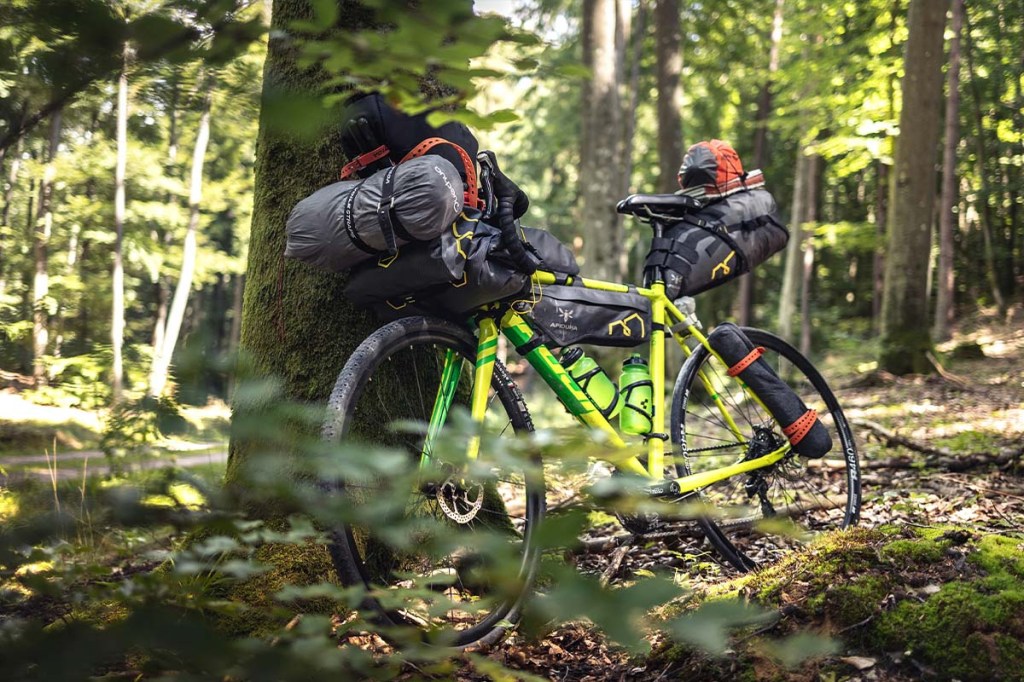 Fahrrad mit vielen Taschen steht im Wald an einen Baum gelehnt