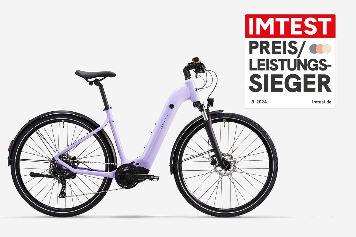 fliederfarbenes Trekking-E-Bike auf grauem Hintergrund, dazu Preis-Leistungssieger-Grafik