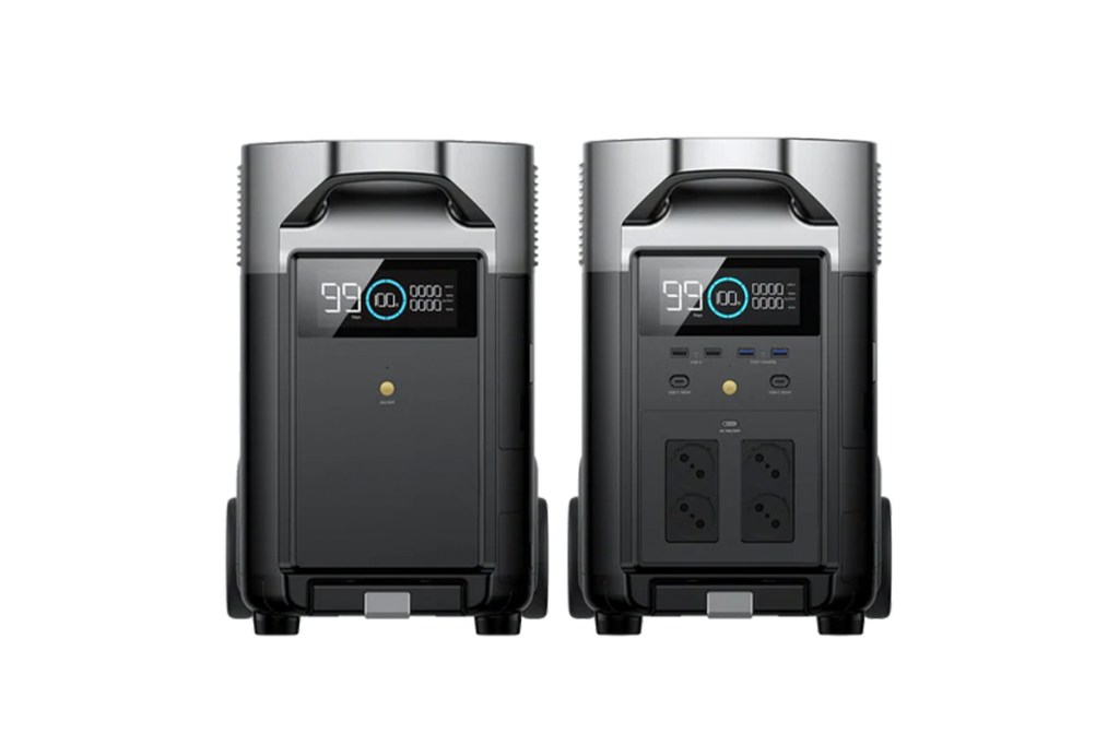 Die EcoFlow Delta Pro Powerstation und ein passender Zusatzakku auf weißem Grund.