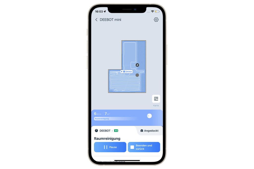 Ein Screenshot der Ecovacs-App mit verbundenem Deebot mini.