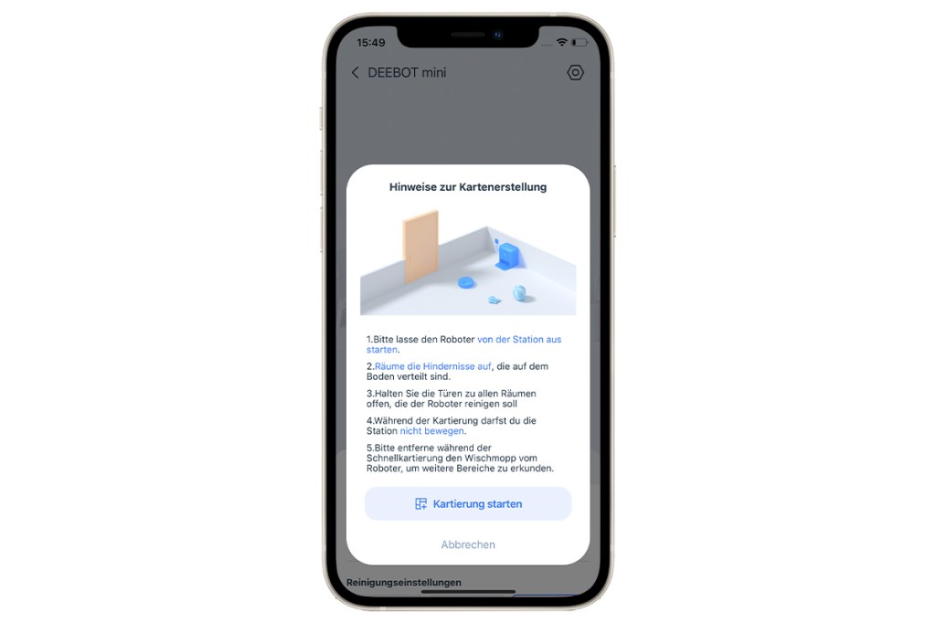 Ein Screenshot der Ecovacs-App mit verbundenem Deebot mini.