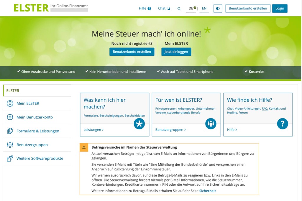 Startseite des offiziellen Elster-Portals der Finanzämter