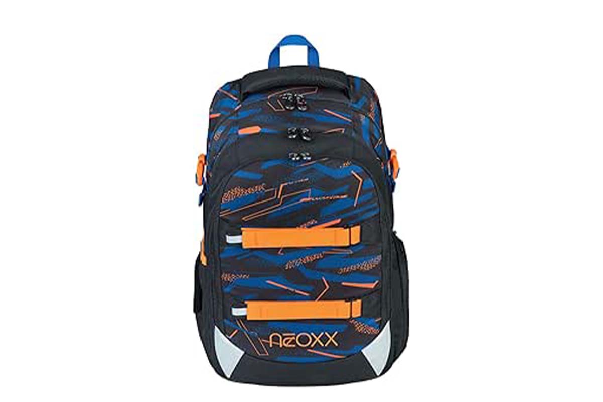 blau-schwarzer Schulrucksack mit orangenen Elementen