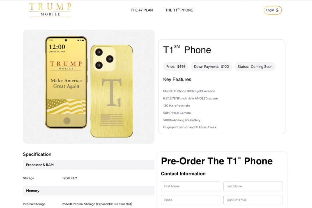 Screenshot der Shop-Homepage des T1 Phone.