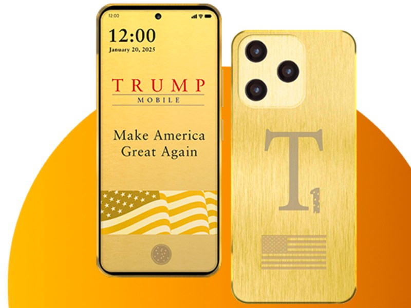 Produktbild des goldenen T1 Phone von beiden Seiten vor einem Orangenen Kreis im Hintergrund.
