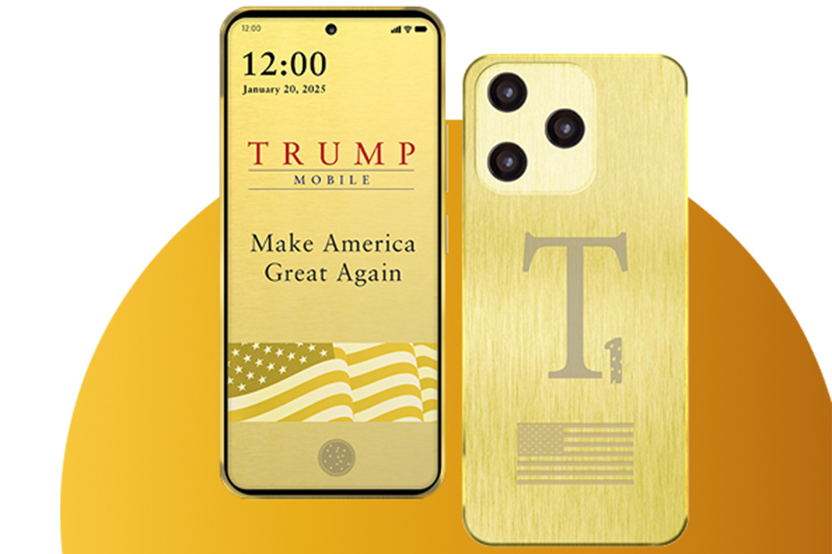 Produktbild des goldenen T1 Phone von beiden Seiten vor einem Orangenen Kreis im Hintergrund.