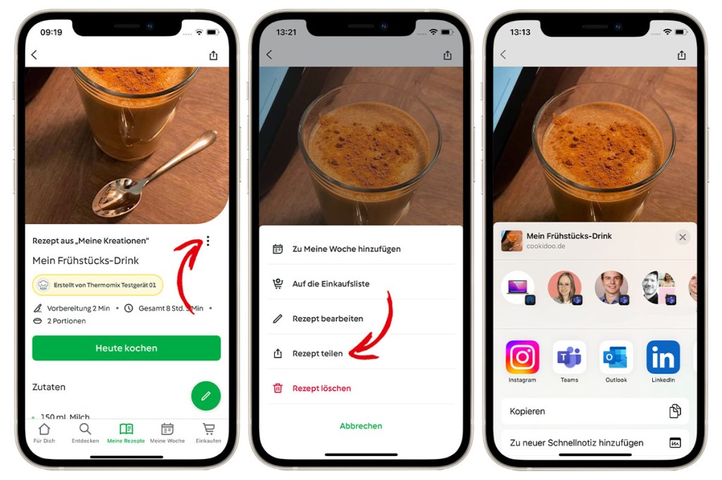 Mehrere Smartphones nebeneinander mit geöffneter Cookidoo-App und roten Pfeilen, um einzelne Schritte deutlich zu machen.
