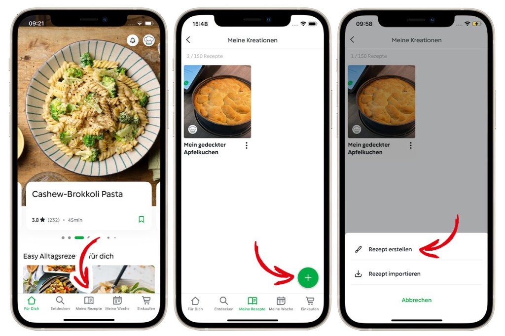 Mehrere Smartphones nebeneinander mit geöffneter Cookidoo-App und roten Pfeilen, um einzelne Schritte deutilch zu machen.