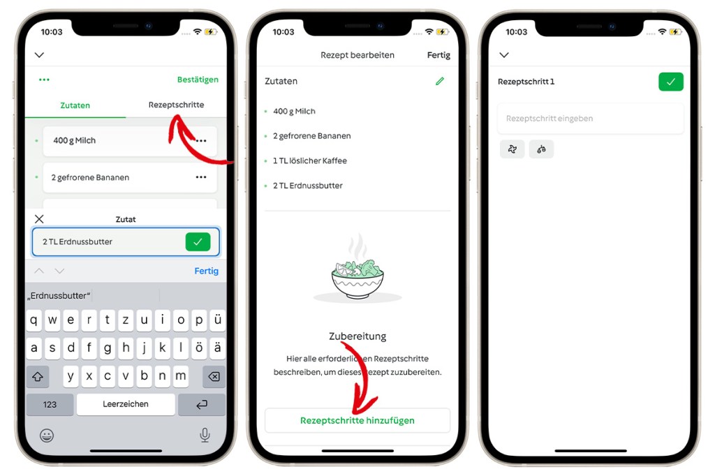 Mehrere Smartphones nebeneinander mit geöffneter Cookidoo-App und roten Pfeilen, um einzelne Schritte deutilch zu machen.