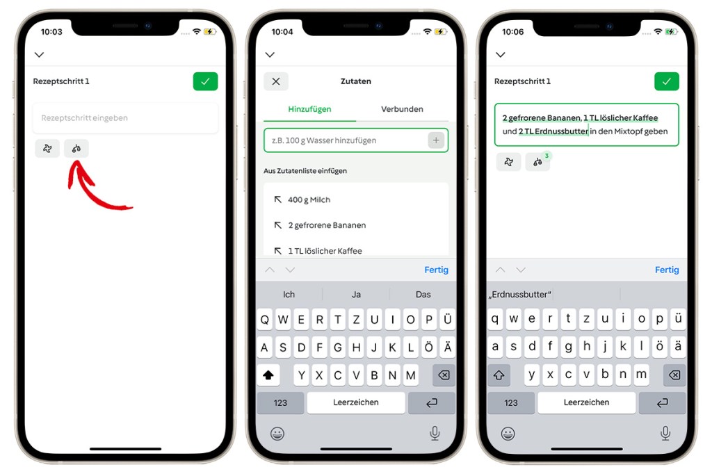 Mehrere Smartphones nebeneinander mit geöffneter Cookidoo-App und roten Pfeilen, um einzelne Schritte deutilch zu machen.