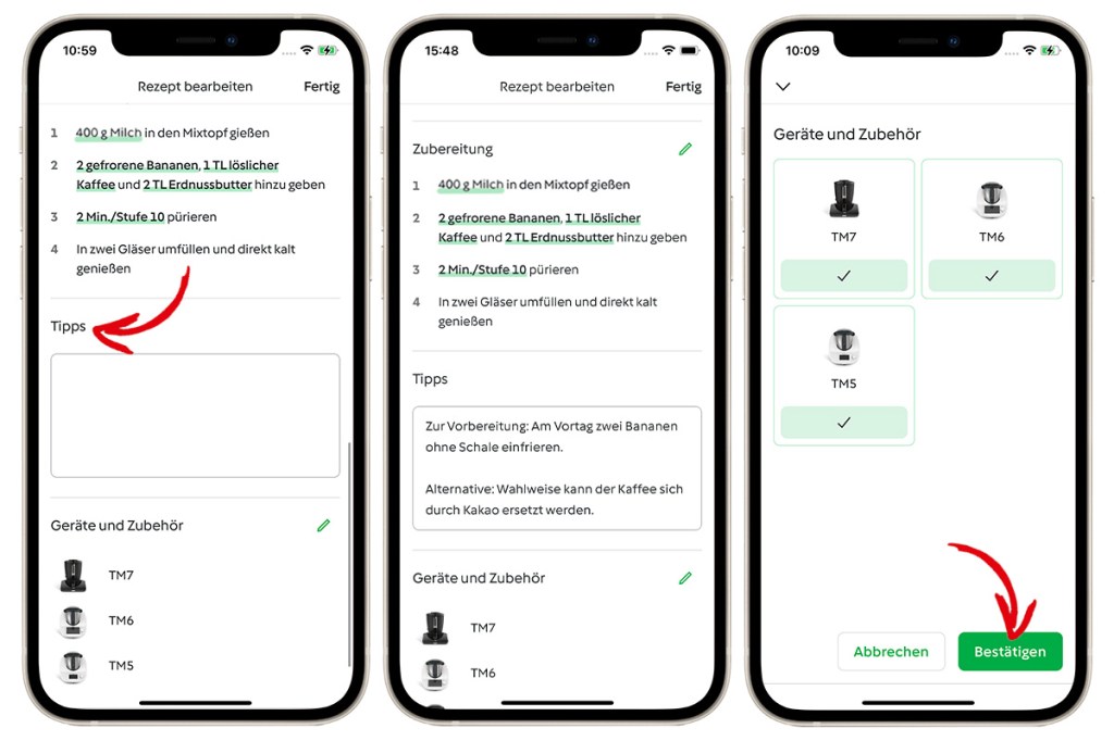 Mehrere Smartphones nebeneinander mit geöffneter Cookidoo-App und roten Pfeilen, um einzelne Schritte deutilch zu machen.
