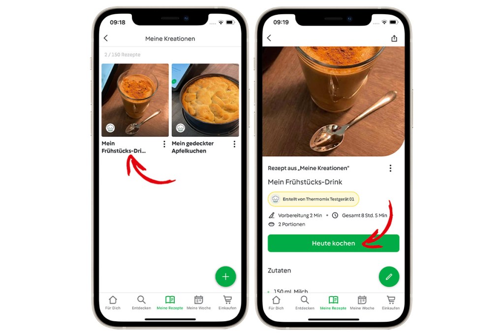 Mehrere Smartphones nebeneinander mit geöffneter Cookidoo-App und roten Pfeilen, um einzelne Schritte deutilch zu machen.