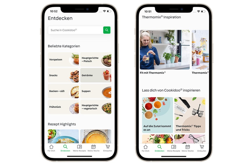Zwei Smartphones nebeneinander, jeweils mit Ansichter der Vorwerk Cookidoo-App.