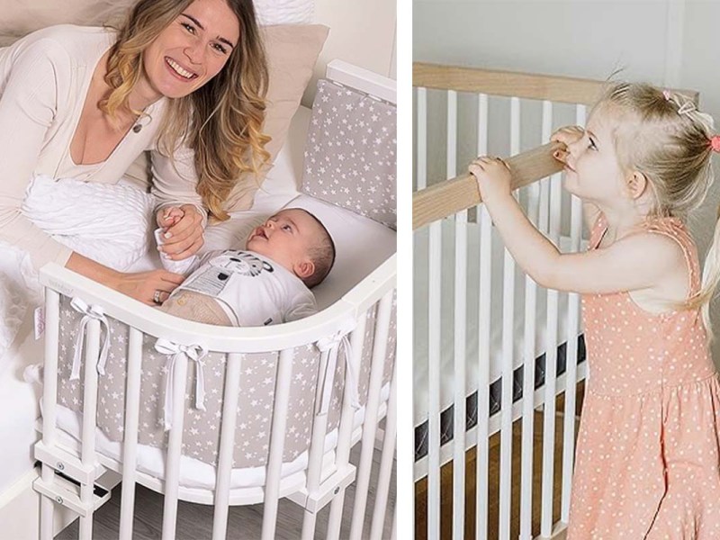 zweigeteiltes Bild: links Mutter beugt sich über ihr Baby, das im Babybett neben ihr liegt, recht Mädchen steht vor einem Gitterbett