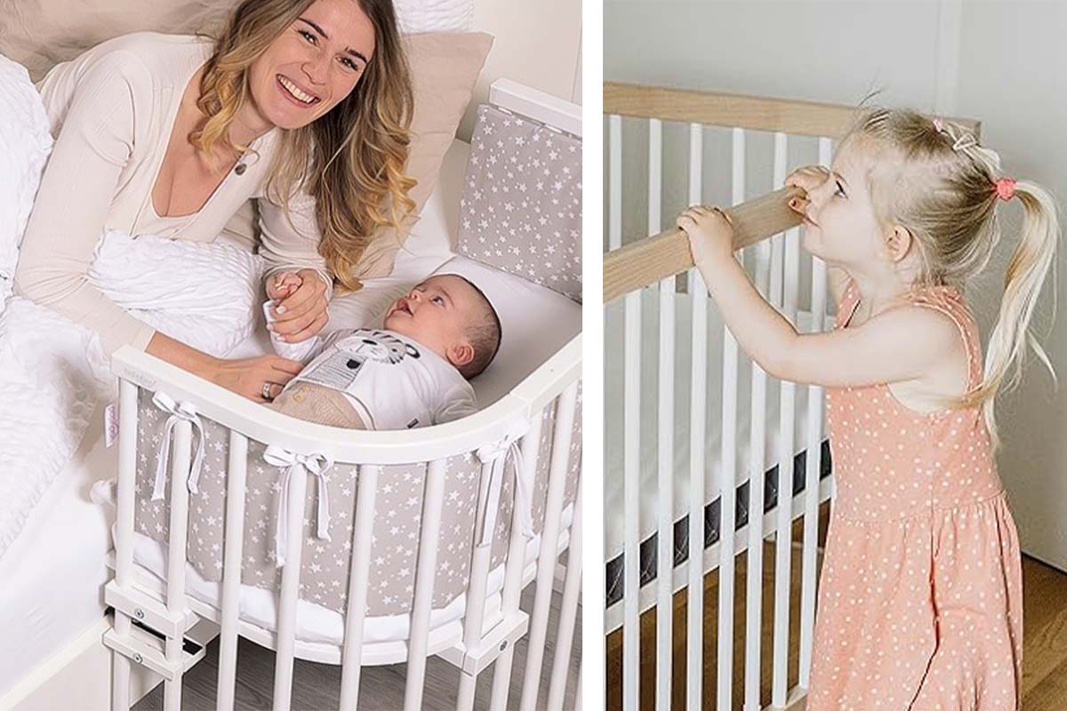 zweigeteiltes Bild: links Mutter beugt sich über ihr Baby, das im Babybett neben ihr liegt, recht Mädchen steht vor einem Gitterbett