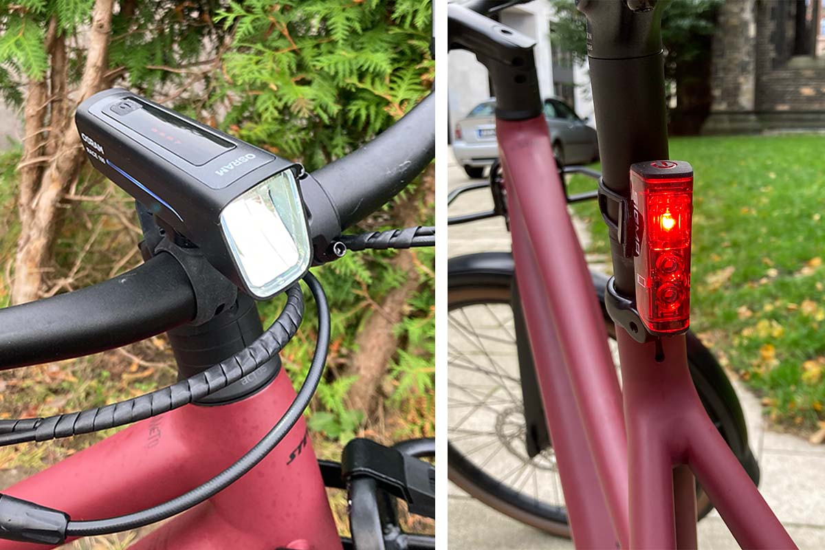 zweigeteiltes Bild: links Front-Fahrradlicht Nahaufnahme an einem Lenker, rechts Rücklicht Nahaufnahme an einer Sattelstange