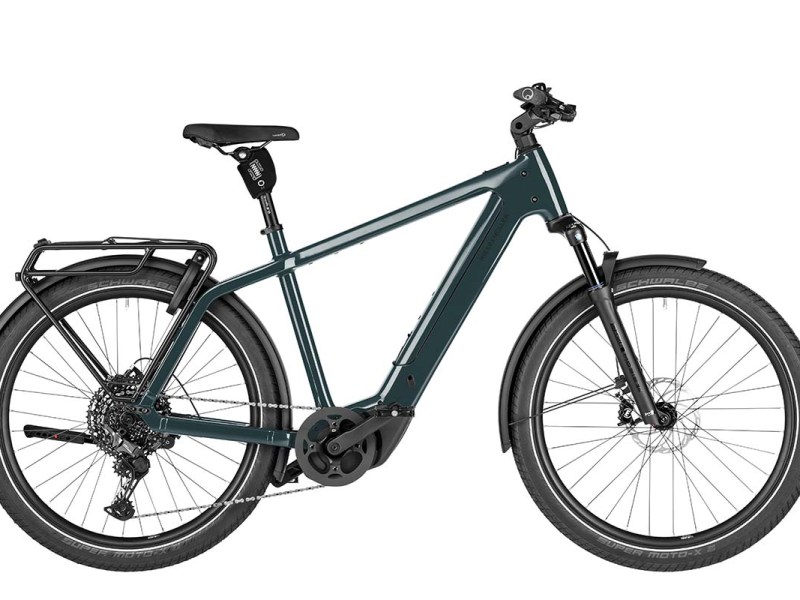 dunkelblaues E-Bike auf weißem Grund