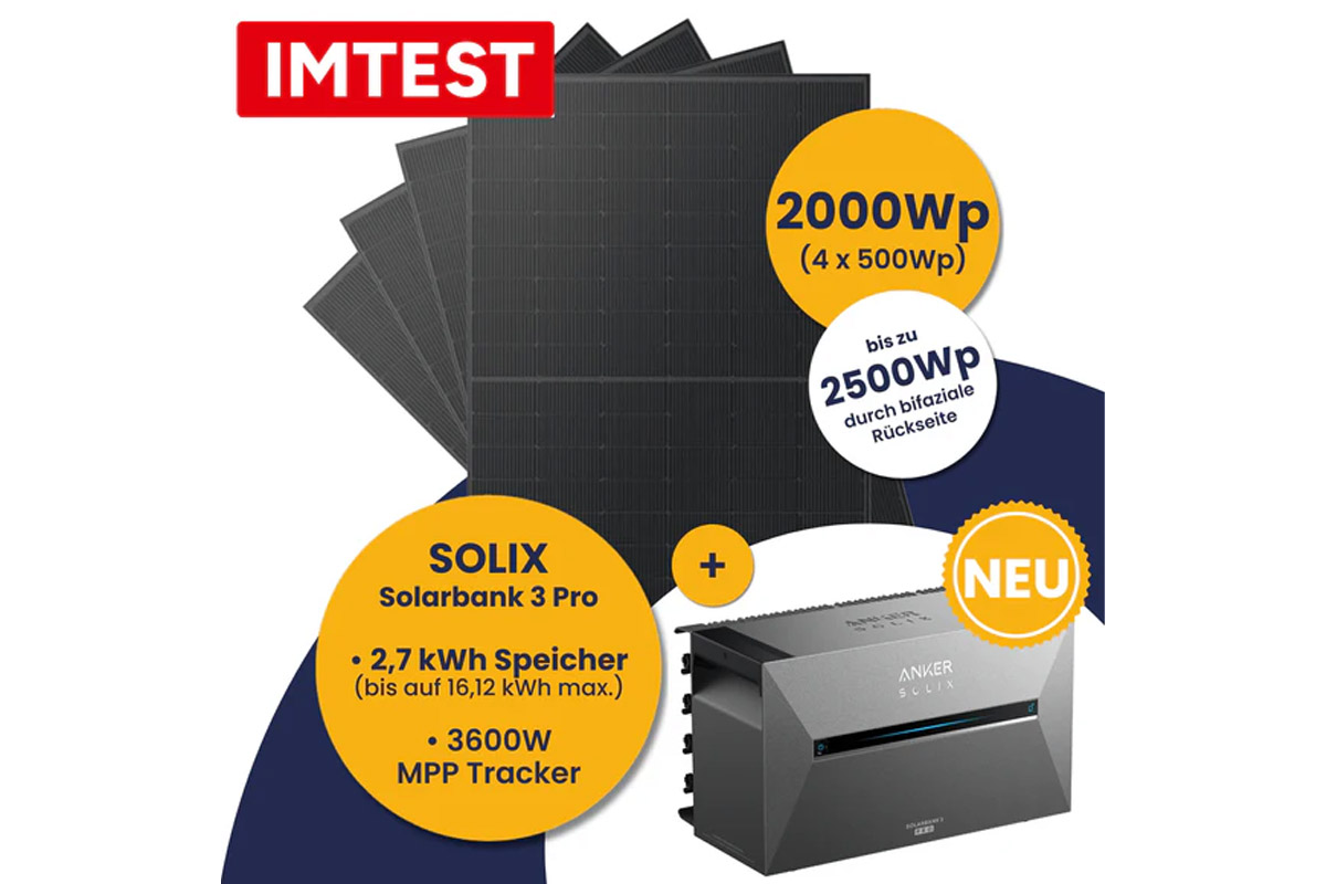 Mehrere Solarpanels und die Anker Solix Solarbank 3 Pro auf weißem Grund mit Texthinweisen zum Angebotsumfang und IMTEST-Logo