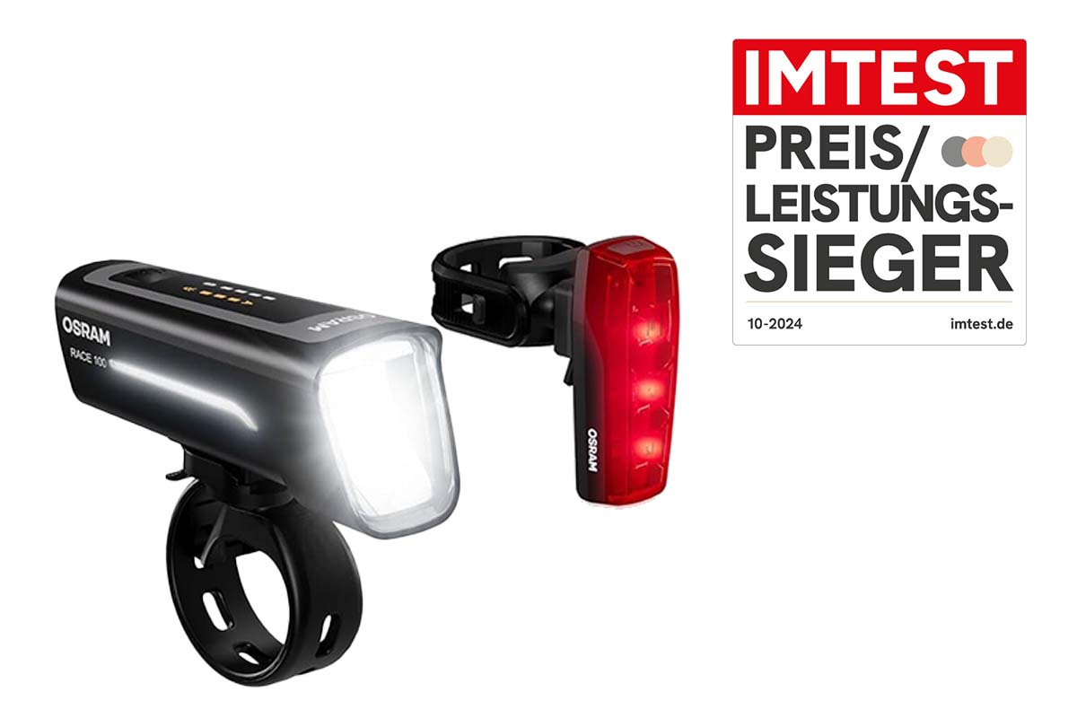 Fahrradlichter-Set auf weißem Grund, dazu Preis-Leistungssieger-Grafik
