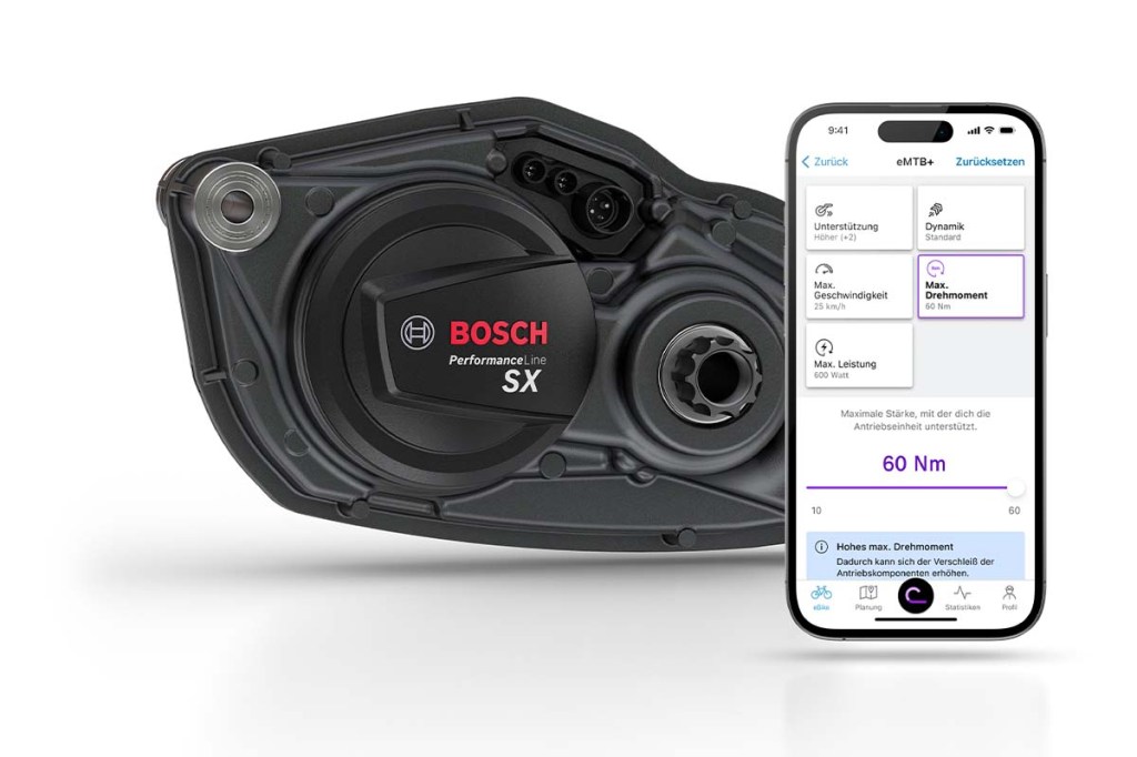 Bosch-Motor auf weißem Grund, daneben Smartphone mit Bedien-App