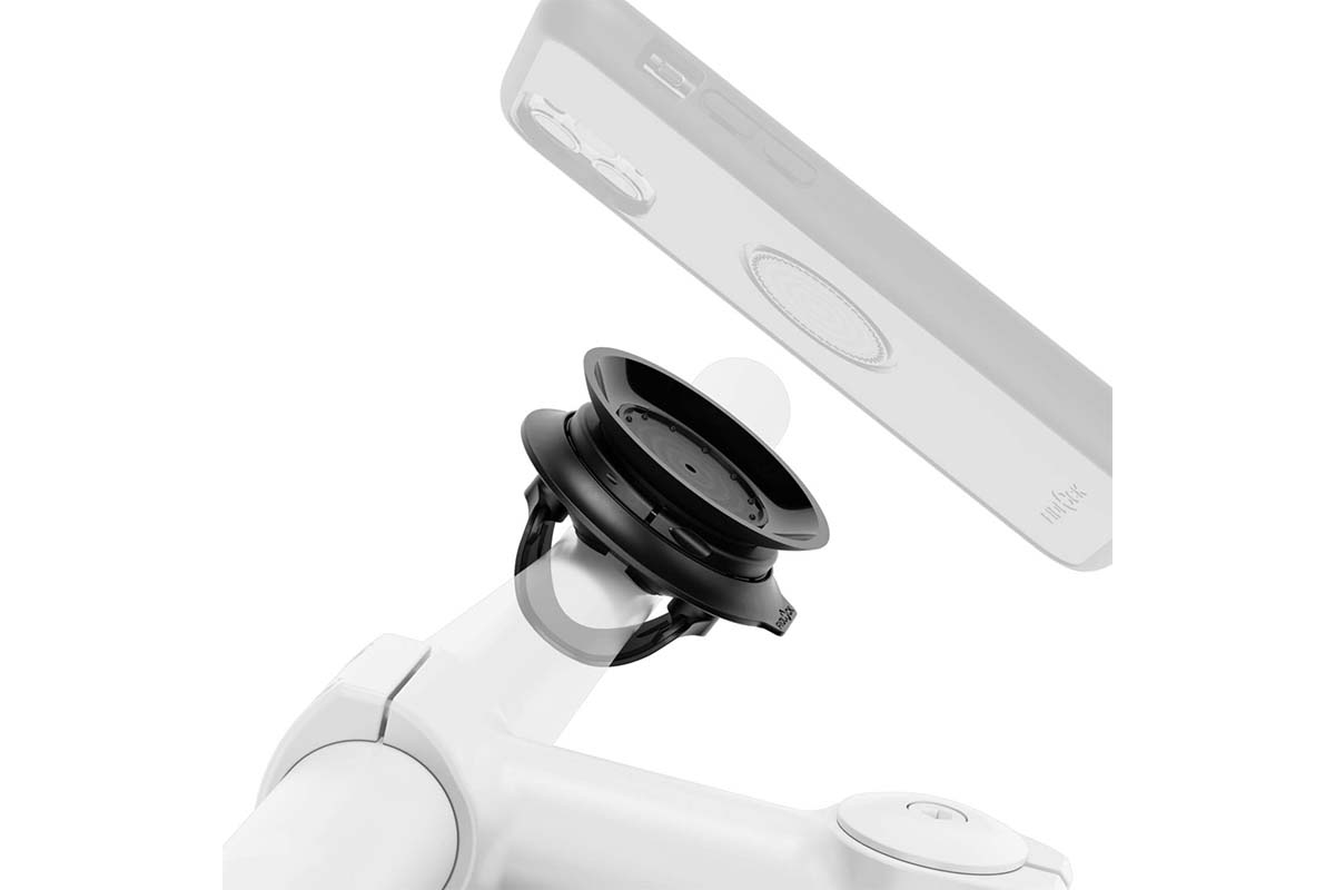 schwarze Smartphone Halterung für den Lenker, der Lenker und das Smartphone sind ausgegraut dargestellt