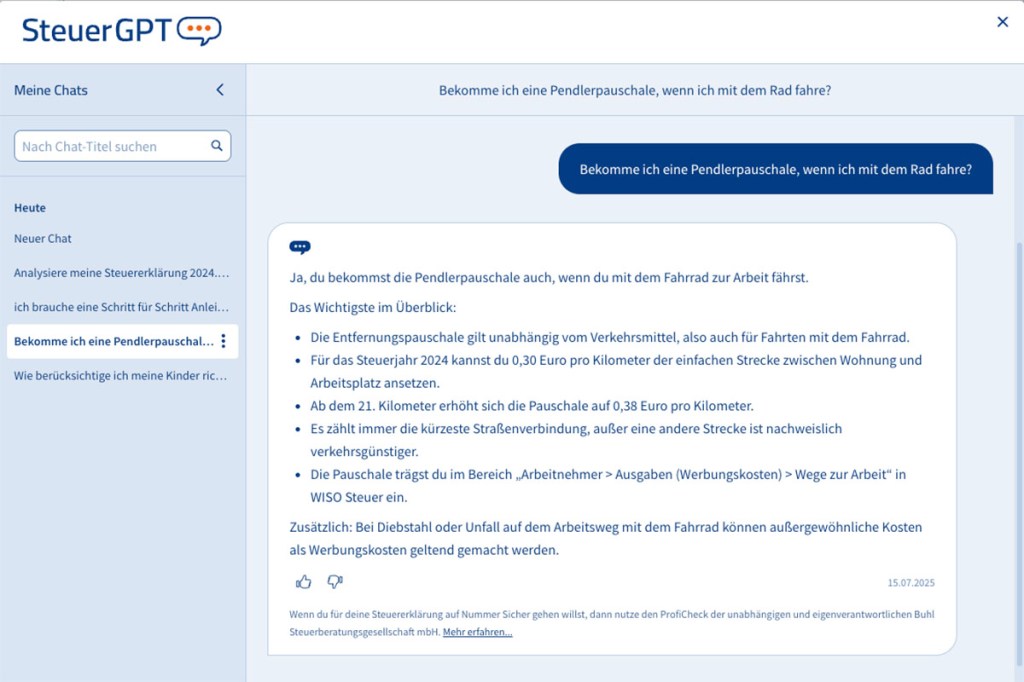 Screenshot vom Chatbot und KI-Assistent SteuerGPT
