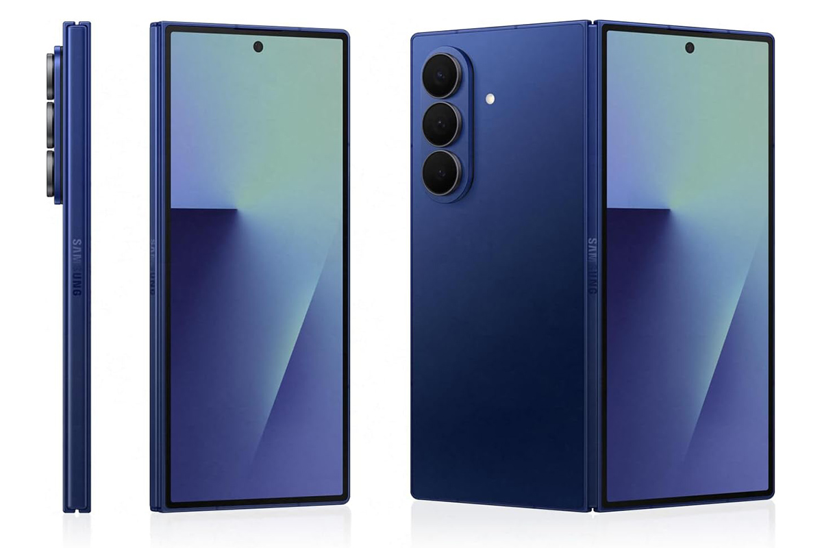 Produktbilder vom Samsung Galaxy Z Fold7 aus drei verschiedenen Perspektiven.